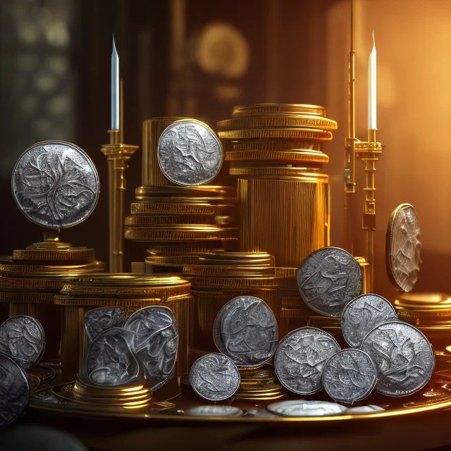 dynamic lighting, Intricately detailed, Splash screen art, deep color, Unreal Engine, volumetric lighting, silver coins, gold coins, silver treasure, stacked coins, indoors, study room, candle, altar, black table, sigil, shiny,