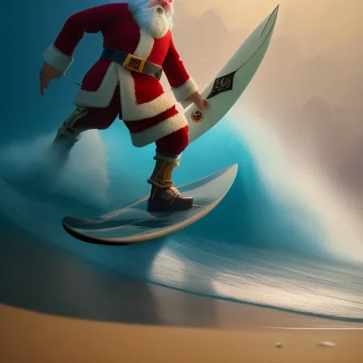 Santa standing of surfboard surfing a big wave, surfboard, beach, character design by cory loftis, fenghua zhong, ryohei hase, ismail inceoglu and ruan jia. unreal engine 5, artistic lighting, highly detailed, photorealistic, fantasy