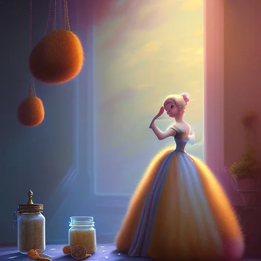 pixar style, realistic painting of a women in dress and a jar jam marmelade in kitchen,volumetric blue sky environment and background, volumetric lighting,dramatic lighting, detailed digital painting, extreme dense and fine fur, anime, ornate, colour-washed colors, elegant, small minutiae, tiny features, particulars, centered, smooth, sharp focus, renderman gofur render, 8k, uhd, detailed eyes, realistic shaded volumetric lighting,caustics,backlight, full body