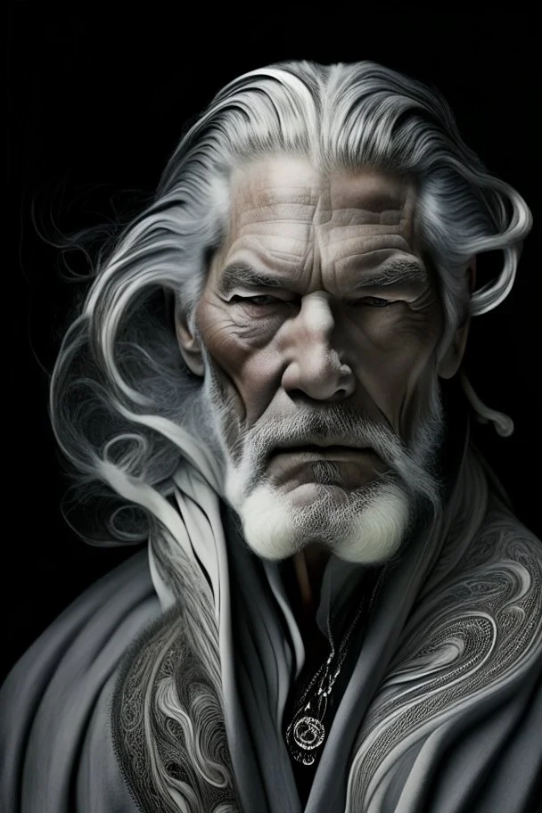 a photo of an White man with ethnic jewelry, grey hair and grey flowing robe, in style of Annie Leibovitz, contemporary portrait of a mature yet beautiful and modernist man, black and grey, detailed masculine face, swirling fluid smokey enigma, award-winning artwork