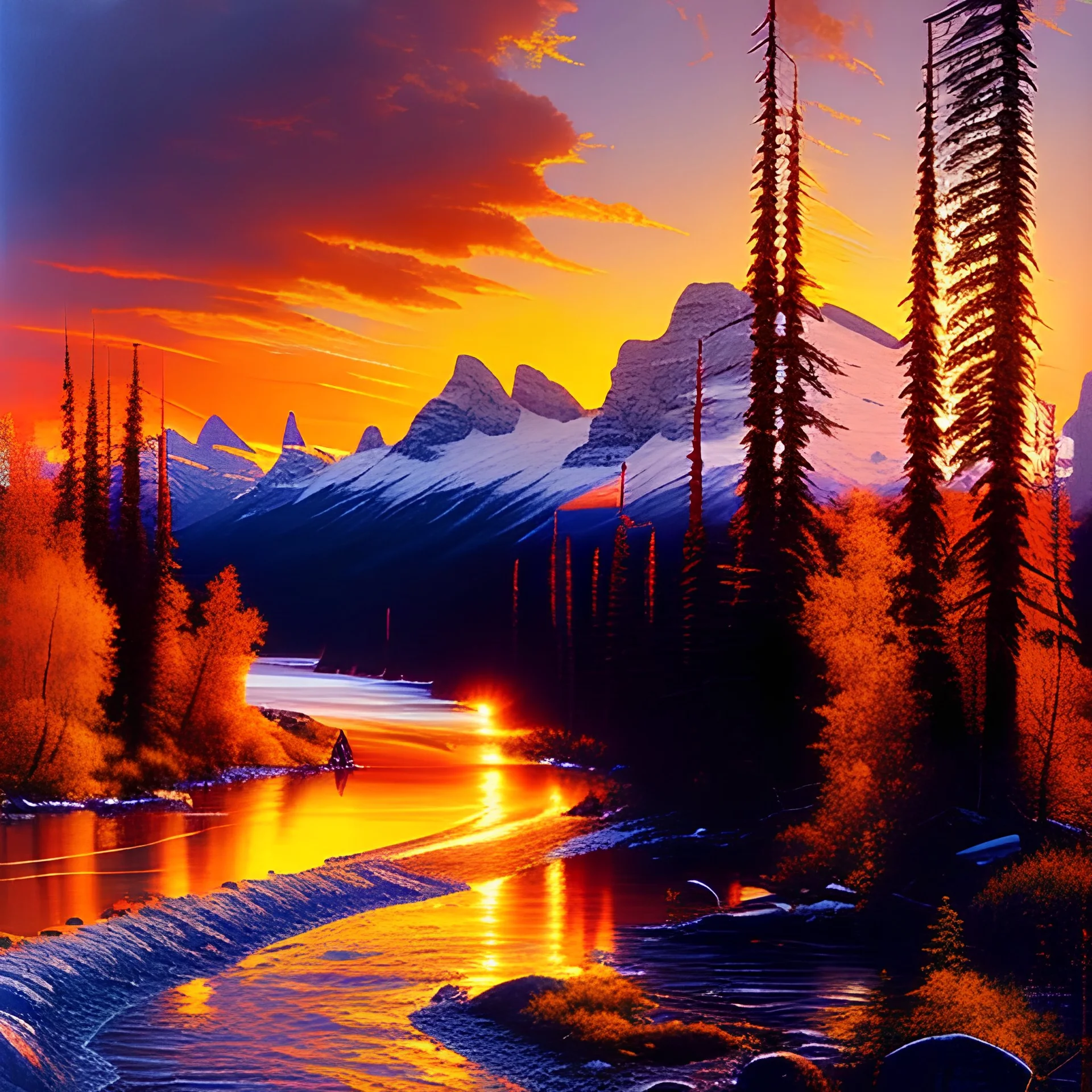 Sydney Laurence Painting of Raging River at sunrise in alaska