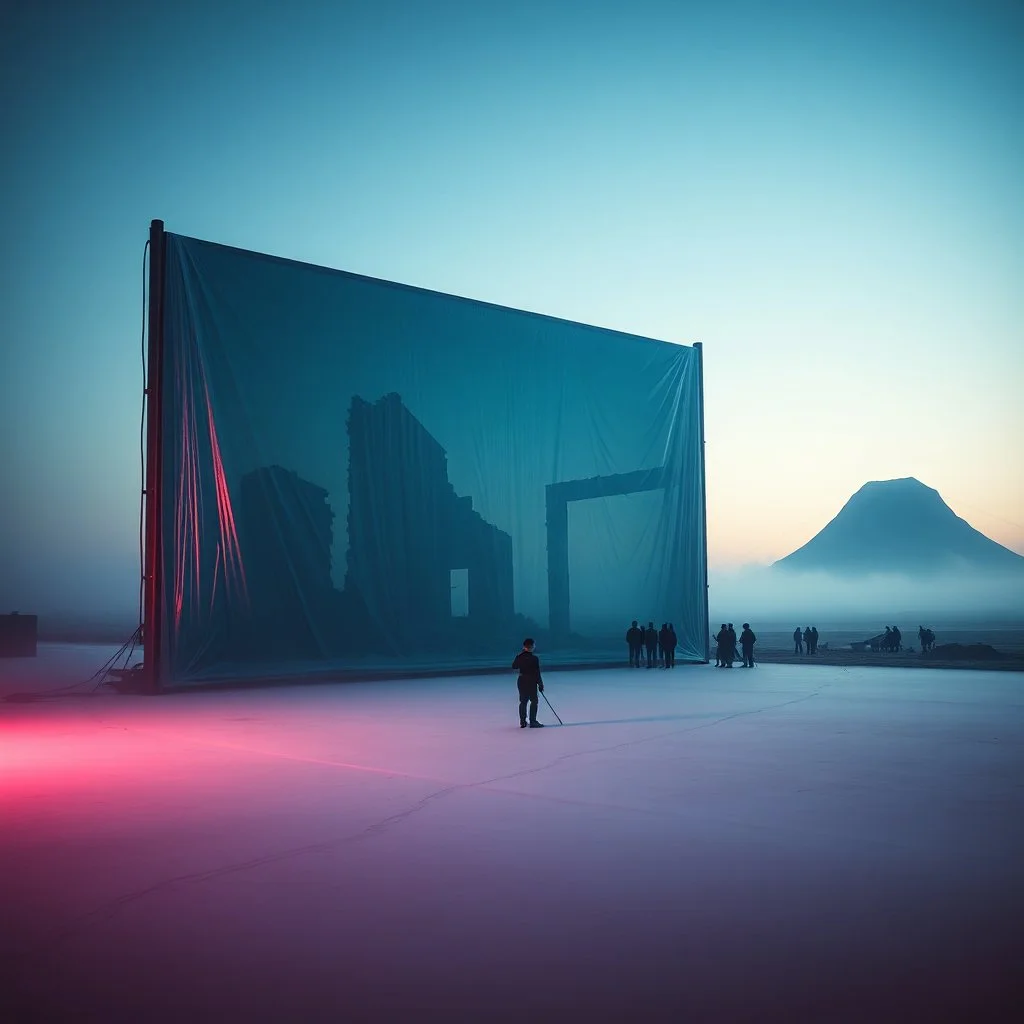 A super high definition photo of a dark open space with structures and a large computer screen. A transparent tarpaulin covers an image resembling a ruined building. There is a group of figures in the background and a high hill in the distance. The surface below is in a pastel color. Fog is present. Scientific terraforming ongoing