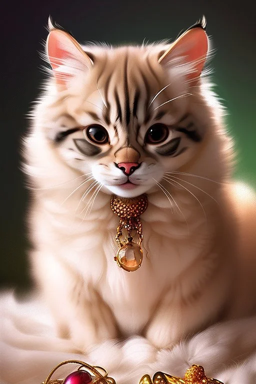 A realistic cute adorable fluffy plushy smiling cat holding a basket of jewels and gems. His fur is realistic. The background is a romantic carpet bokeh digital painting extremely detailed studio lighting crisp quality and light reflections 8k cinematic lighting portrait photorealistic ultra detailed cinematic postprocessing focused