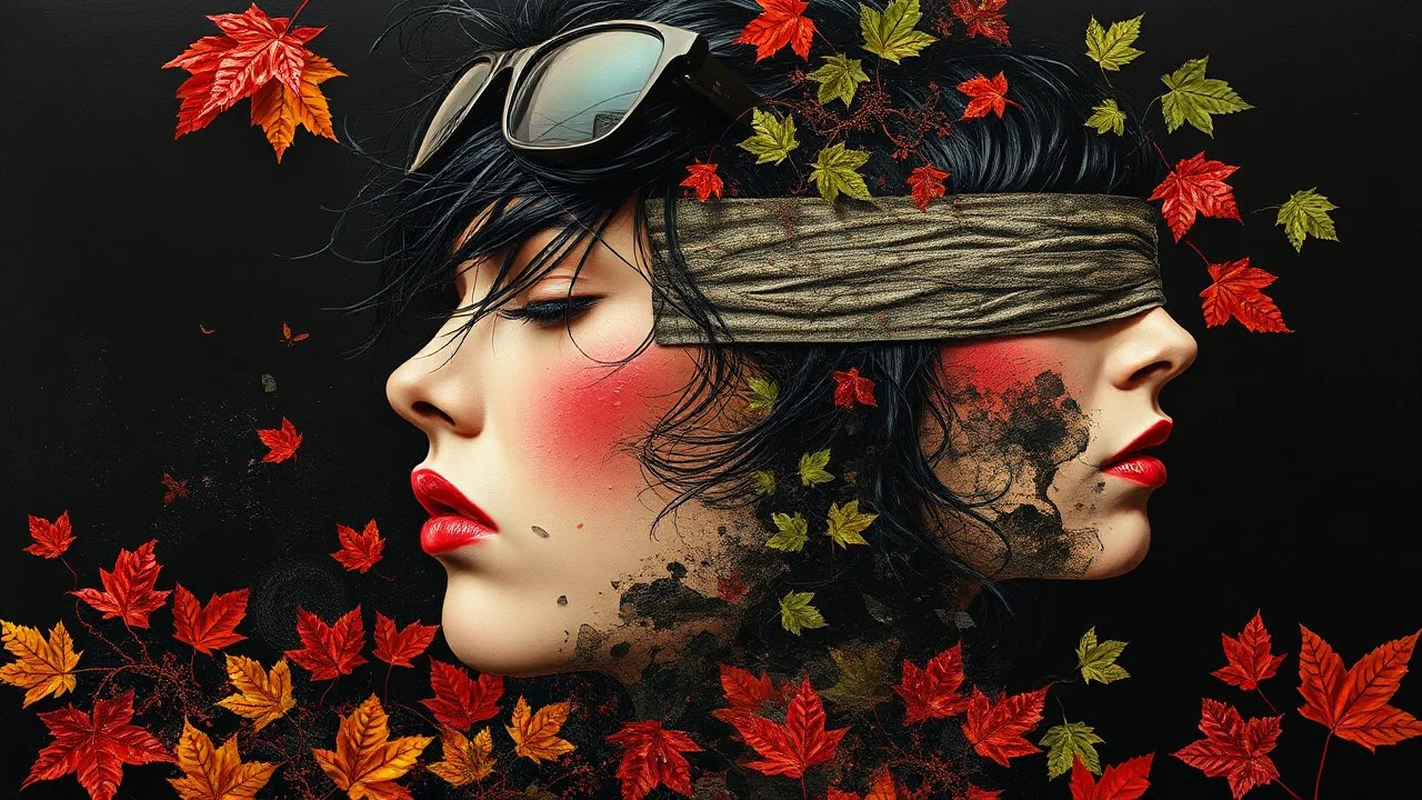 Abstract Art, Collage, Autumn, Thomas Ligotti, Mannequin World, In Space They Can't Hear You Scream, Dave McKean, Inspired by Zdzislaw Beksinski's Nightmarish Paintings, Wassily Kandinsky, Double Exposure, Gnostic Tragedy, Sinister, Woman, Messy Black Hair, Made of Shiny Texture, Sunglasses on Head, Red Blush, Blindfolded, Half Smirk, Vine Design, Raspberry, Surreal, Futuristic, Black Open Background, Peach Skin, Leafy Textures, Shiny Plastic, Organic Aesthetics, Rose Red Tint, Green Leaves, Ali