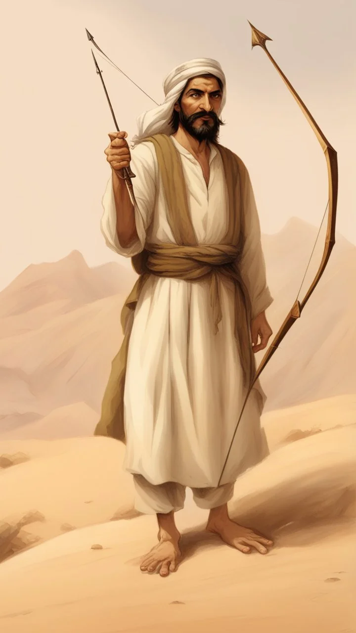 A scene in the desert of a Muslim man from the era of his companions, the Prophet. He is tall, strong in build, and has a cheerful face. He has long black hair, black eyes, and a thick mustache. He has a bow and arrow in his hand