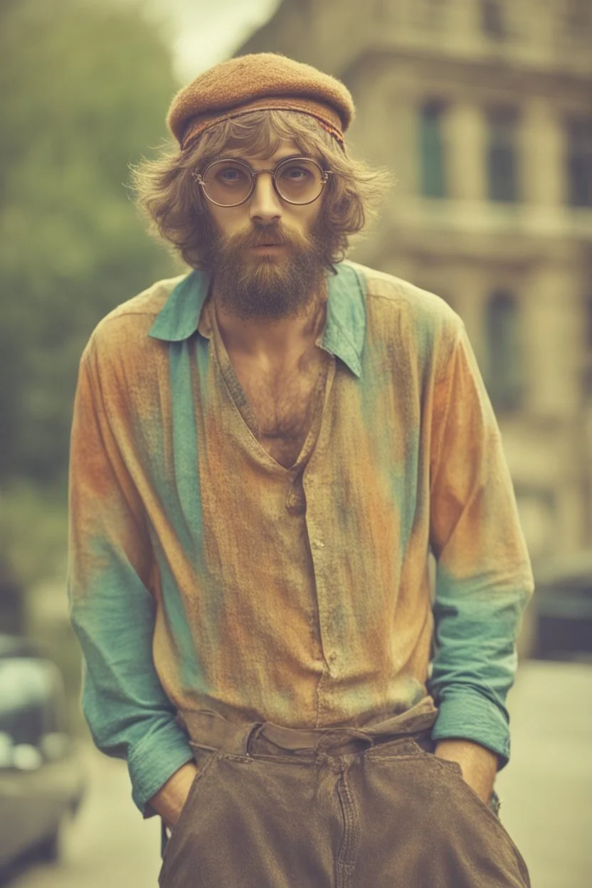 Hippie bohemian young man with Parisian bohemian look and glasses of colours and poor and short short short and poor hair on the head with receding hairline. Farsightedness glasses with big eyes. Long beard. Vintage look and feel like photo styleof the 70s