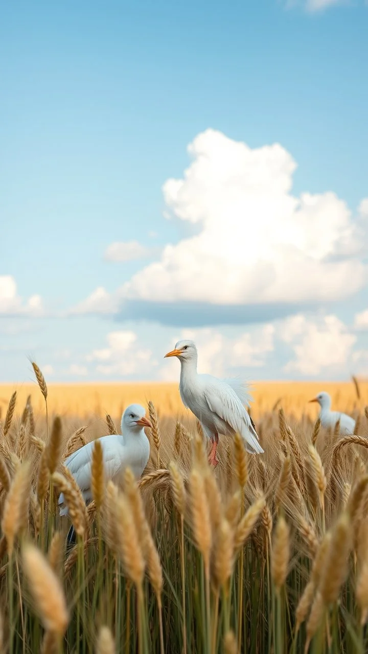 A bird with White fathers in a white field of gold barley with a white blue clouds in the background,