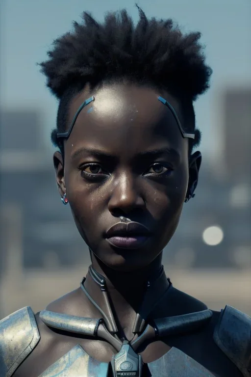 Beautiful portrait of african girl post-apocalypse robots in a cyberpunk city, sci-fi fantasy style, 8k,dark