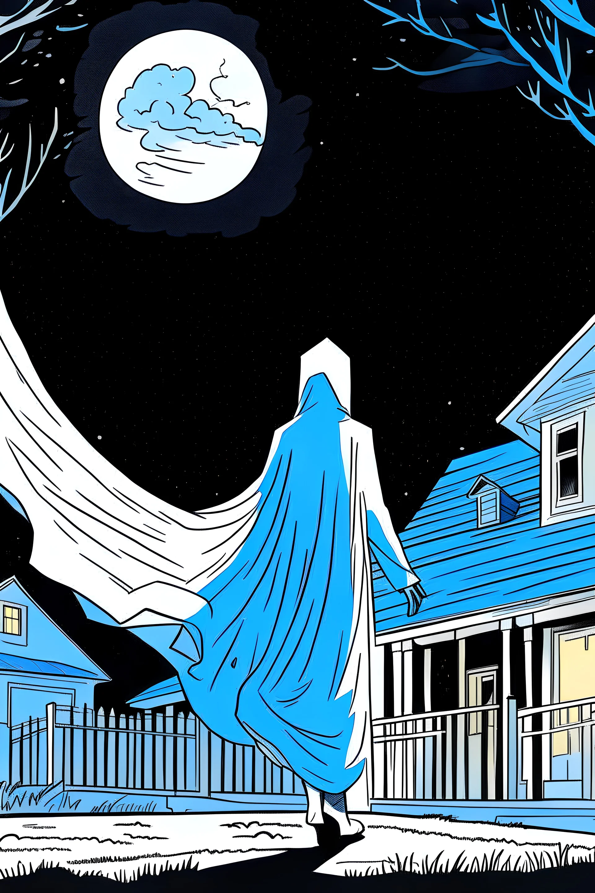 A white-pale ghost leaving a house forever. Nighttime, moonlit, back, white and blue palette
