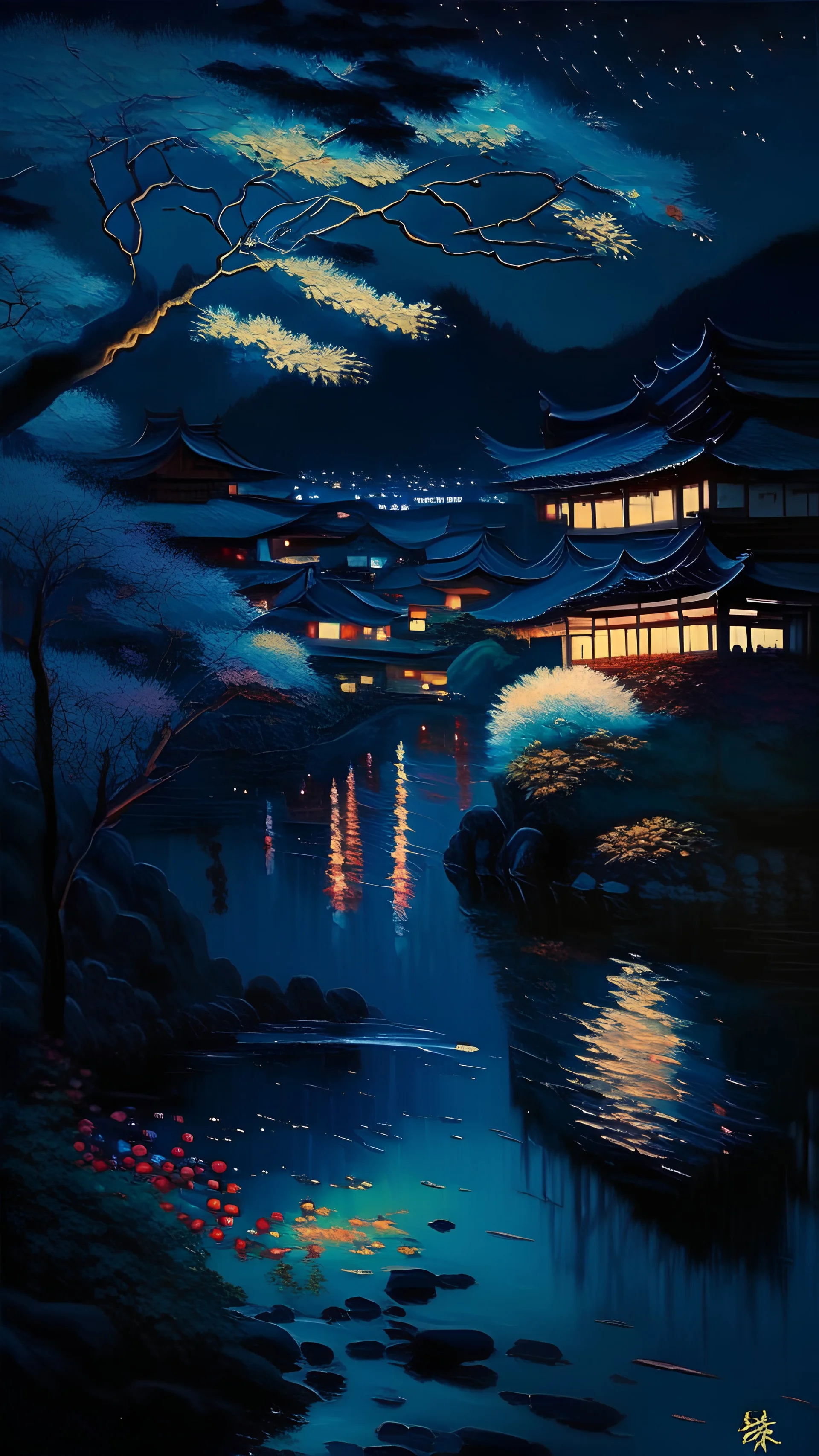 impressionism-style painting of a beautiful scenery at night in japan