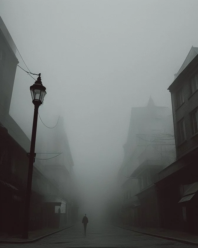 Dark street life creepy fog colours strong texture hgt nightmare 8k artistic Photography volumetric light, Yves Tanguy Max Ernst splop