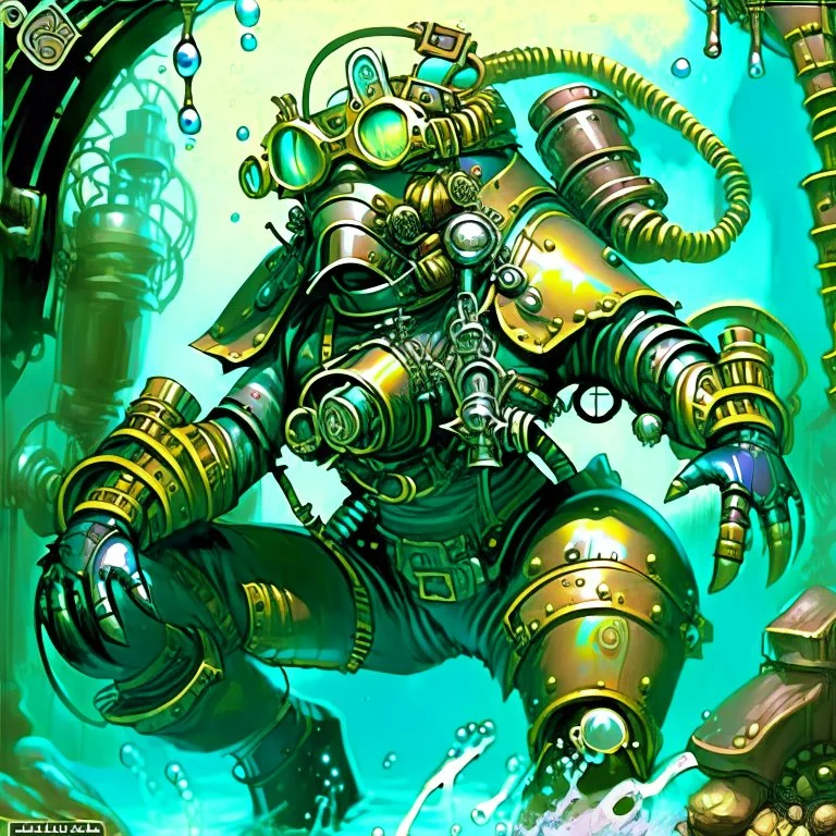 90's TCG retro scifi art of a steampunk diver with big armor