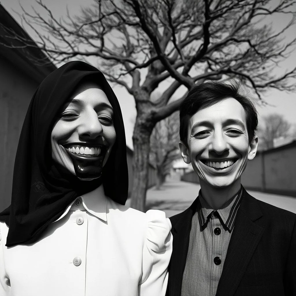 foto Ilford surreale di 2 persone con nasi grandi e sorrisi enormi, dettagli dei vestiti molto accentuati, misterioso, tenebroso, marcio, macabro, street, aria aperta, albero secco, fiotti di liquido nero, minimalist, Splop style, strangeness, sundial light, intricate, hypnotic, obsessive, 8k, deep 3d field, very accentuated details of the dress and skin, eerily mysterious, artistic photo, shot on Hasselblad