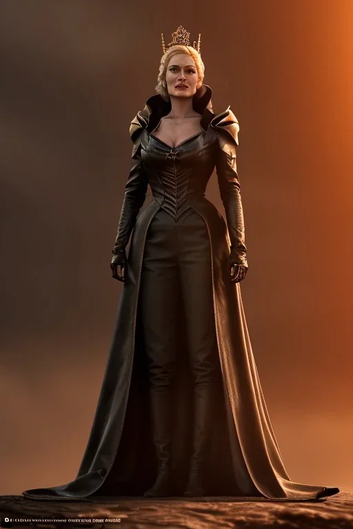 Cersei Lannister as evil queen in black leather coat, busty, cleavage, voluptuous, lena headay, angry, stern look. character design by cory loftis, fenghua zhong, ryohei hase, ismail inceoglu and ruan jia. unreal engine 5, artistic lighting, highly detailed, photorealistic, fantasy