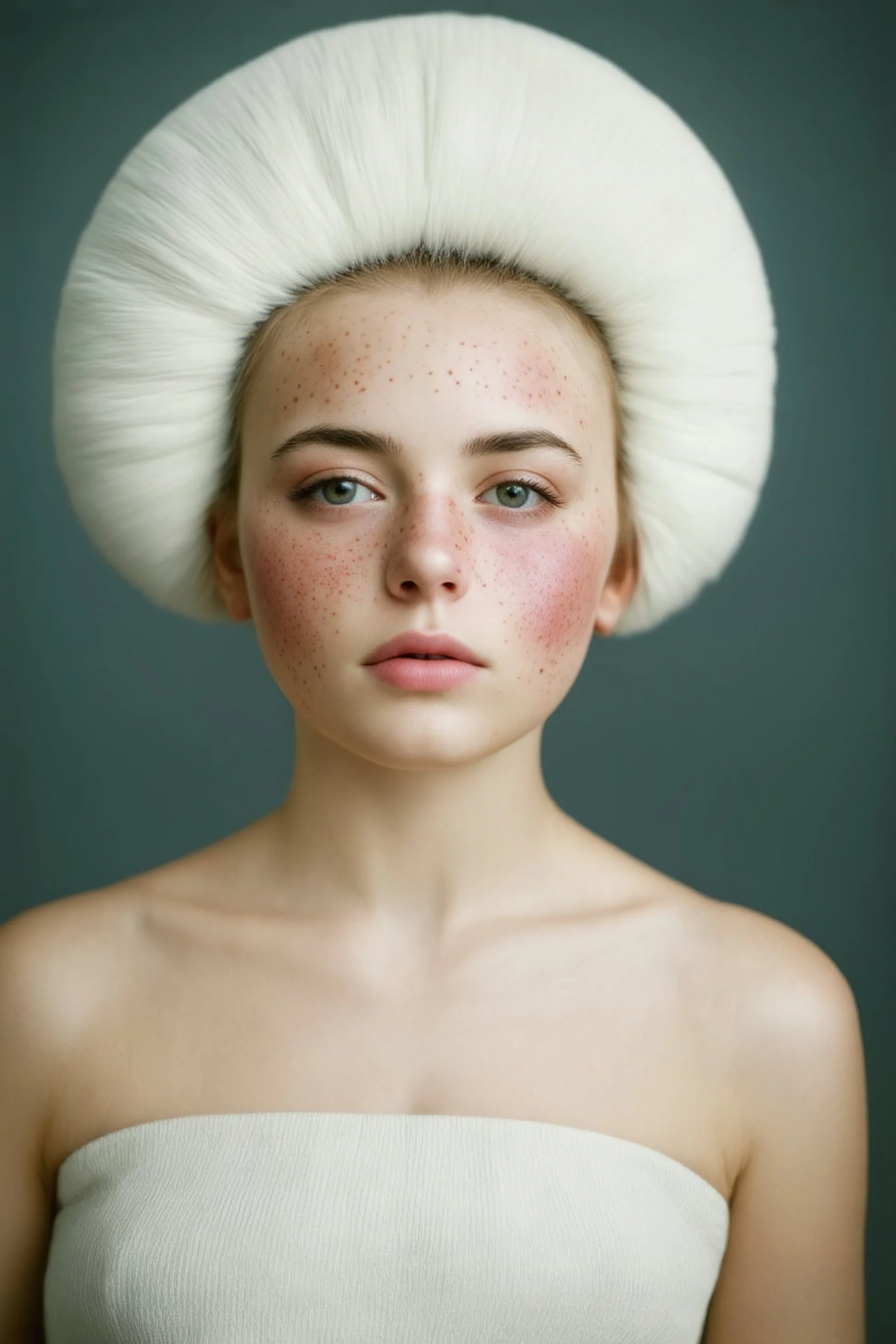 Young ana May young, large white pouf hairstyle, rosy cheeks, freckles, listening to music, autochrome,