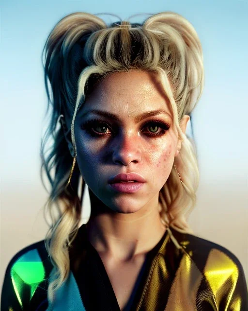 portrait, Shakira, blonde artist, angry, Realistic image, MMA robe, hoodie, mma gloves, loose long hair, eyes, makeup, gold line make up, moisture, sweat, fog, goddess, Neon colors, leds. Black background, photo studio, concept art, smooth, unreal engine 5, god lights, ray tracing, RTX, lumen lighting, ultra detail, volumetric lighting, 3d, finely drawn, high definition, 4k.