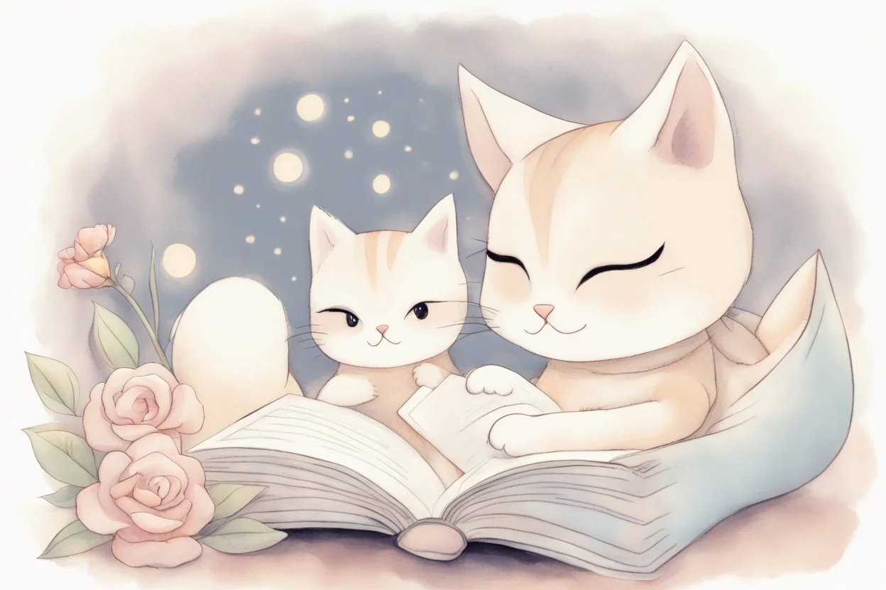 cute chibi cat mother reads a fairytale book to his baby kitten in a bed, flower tapestry, in a bedroom in candlelight, S<AI, watercolor and black ink outlines, soft, shading strokes, light pastel colors, ethereal, cinematic postprocessing, bokeh, dof