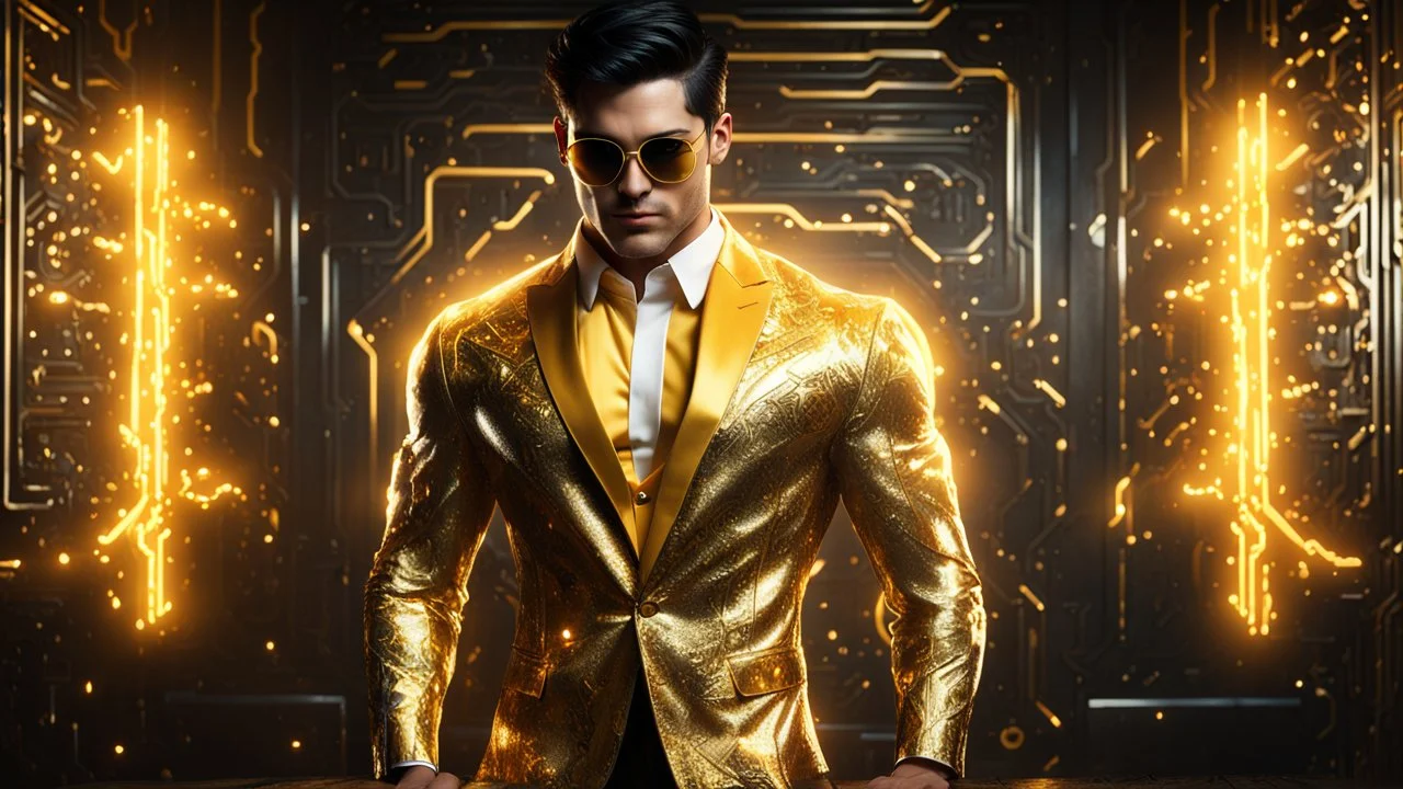 Hyper Realistic handsome muscular Electric-Superhero with short-black-hair wearing long-fancy-yellow-tuxedo-with-golden-circuit-patterns & fancy-golden-sunglasses in a dark-rustic-circuit-room with electric-sparks-&-rays & a massive circuit-board-wall with-glowing-embers showing dramatic & cinematic ambiance.