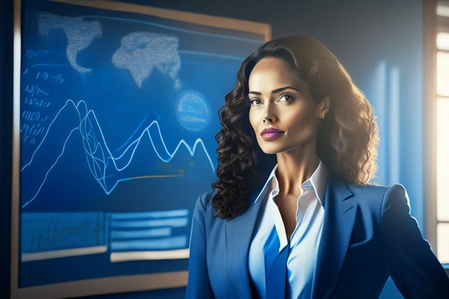 A pretty brown-haired, light-skinned woman in an elegant blue suit stands in a classroom in front of a blackboard with various charts and diagrams, in the sunlight