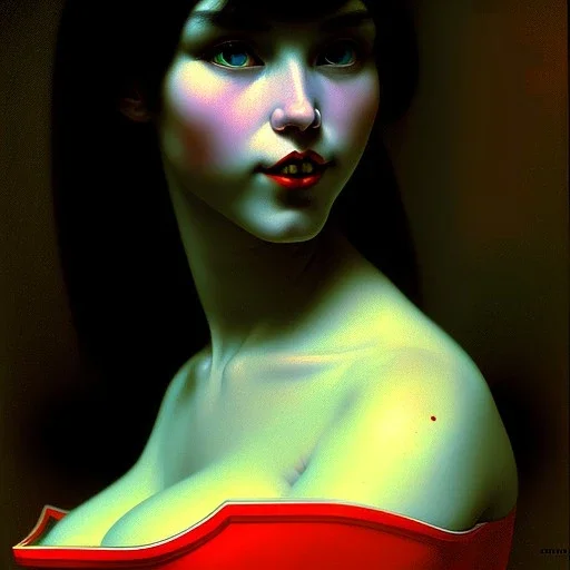 oil Portrait of Vampirella busty beautiful green sad eyes by Jean Auguste Dominique Ingres 8k