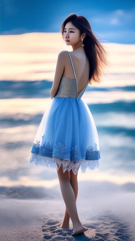 very nice real face beautiful sexy Woman with make up at the beach standing pose in a short lace dark blue and silver dress, full body, 3D coudy sky volumetric nice clouds 8k sharp focus