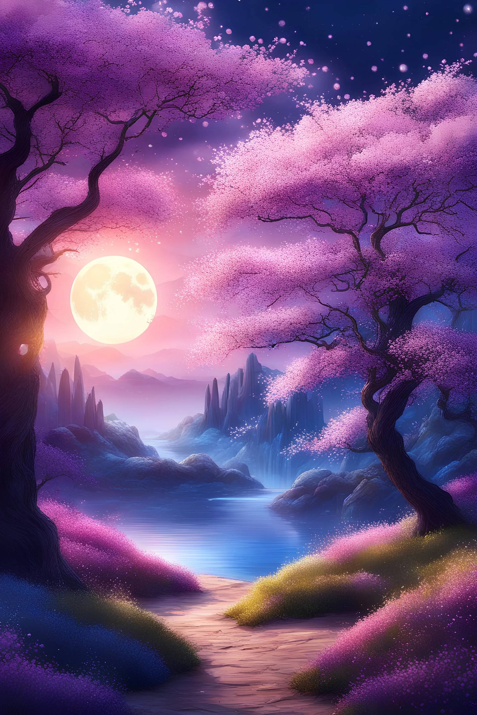 A beautiful fantasy forest, full moon, blue, pink, purple, and yellow ombre sky, beautiful willow, berch, and cherry blossom trees, anime, silk, diamonds, gems, sparkling dots, in crystal cave background, style Darek Zabrocki, magic realism, gradient colors, cinematic lighting, bokeh, Ultra-detailed Quality 3D, 3d render octane, Unreal engine 5 effects, VFX, Isometric, Made in blender, 8k sharp focus, cinematic, ultrahd, highly detailed, ultra photorealism fantasy