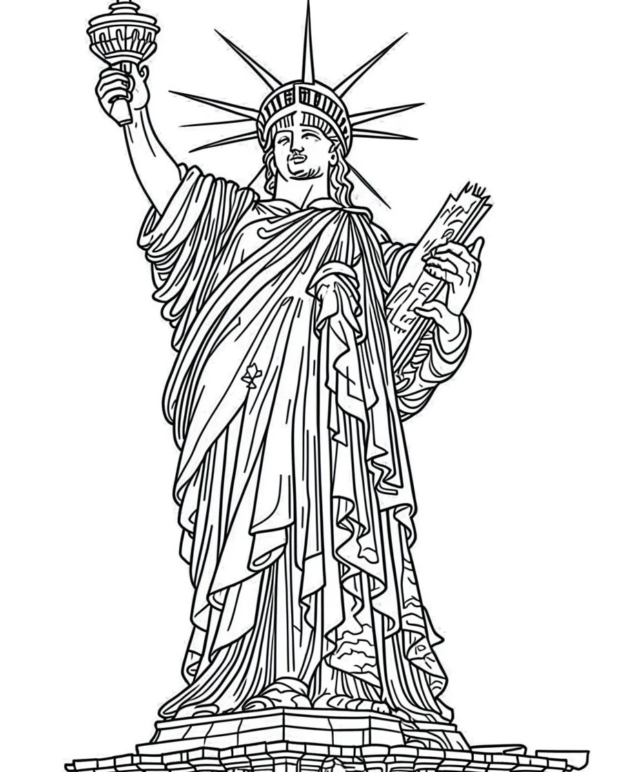 New york city Statue of Liberty coloring page, full body (((((white background))))), only use an outline., real style, line art, white color, clean line art, white background, Sketch style.