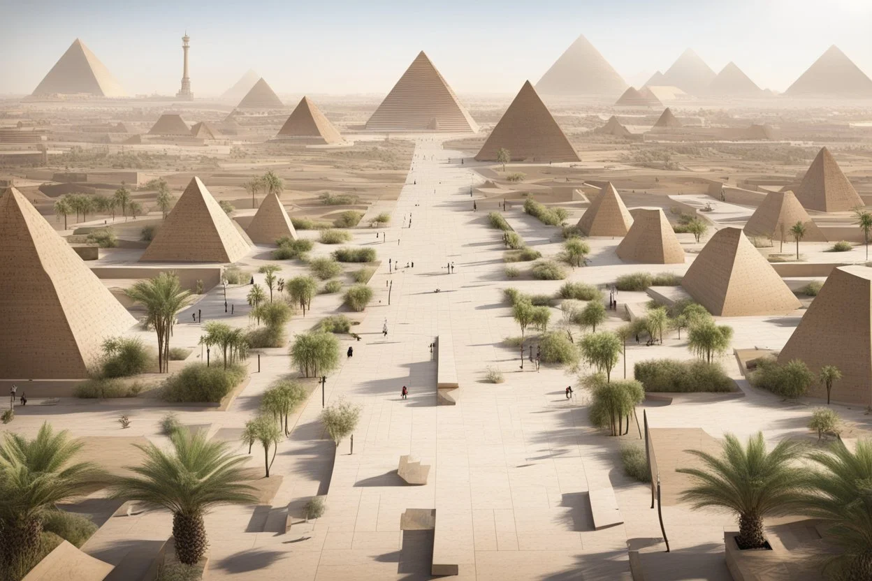 plan of urban design tourist walkway in eygpt with the pyramids , modern street seating , planters