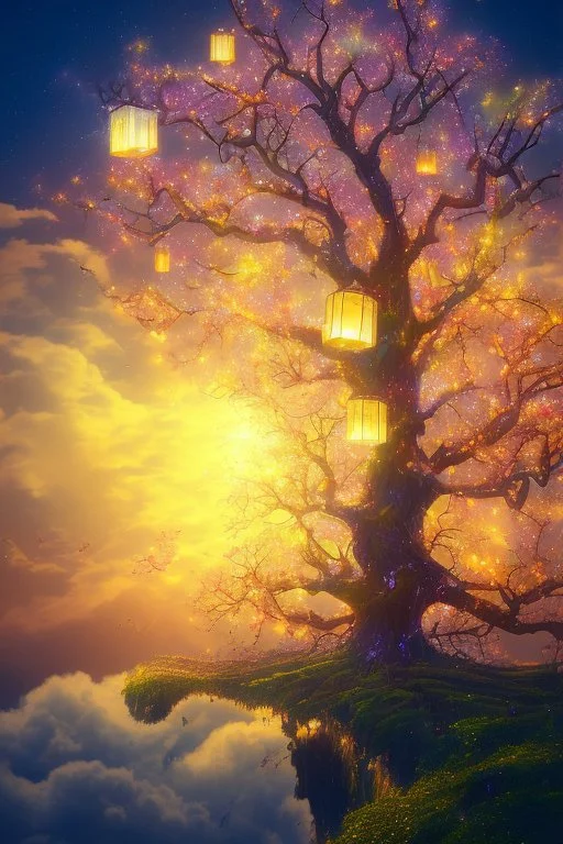 scenic photo of a vibrant Big tree, stretching high above the clouds, its branches adorned with radiant colourful lanterns that lead the way to a hidden realm of celestial vivid spirits. sunset setting, birds and fireflies flying