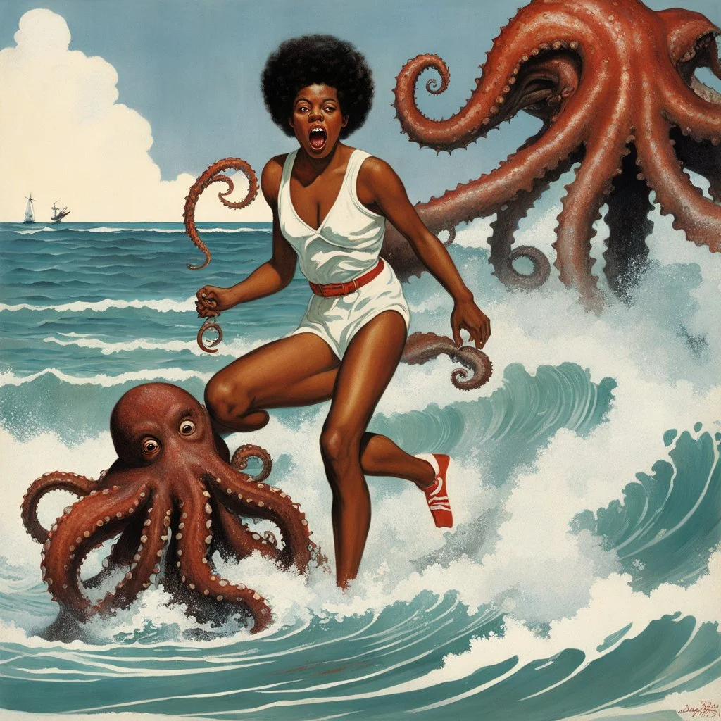 [high res photo by Norman Rockwell] In a vintage beach photo, a scared Afro-American lifeguard in a classic redcross swimsuit is grabbed by a terrifying octopus monster emerging from the waves. Her expression of shock and fear is frozen in time as the monstrous creature's tentacles wrap around her. The juxtaposition of the retro setting and surreal horror creates a spine-tingling scene of eerie nostalgia. Despite the absurdity, the lifeguard's bravery shines through as she faces off against the