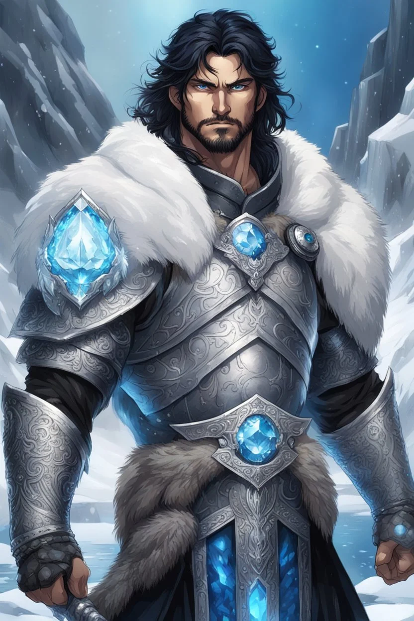 1 mana warrior, with blue eyes and black hair man in silver Viking armor with fur around the neck with blue crystal on his chest , in the artic, warrior in anime style,