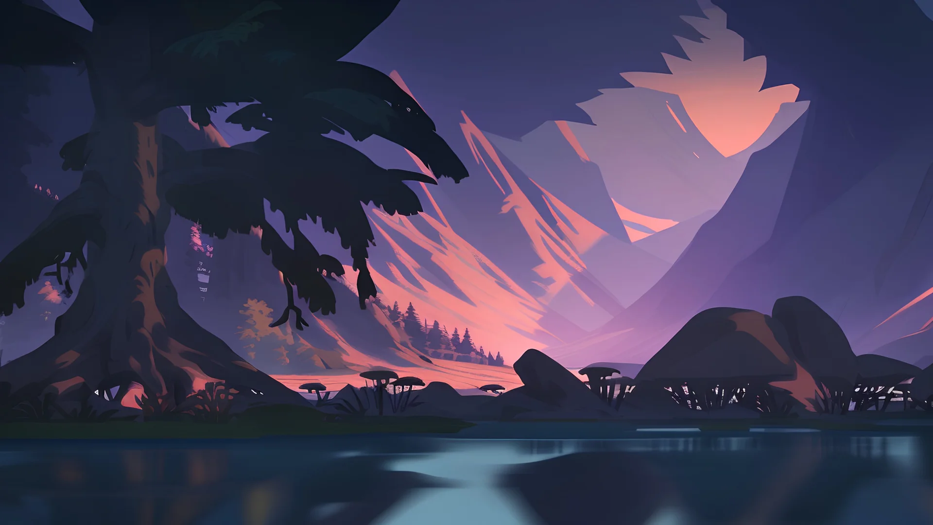 Stylized image of a forest, near a serene lake and mountains in the background at sunrise