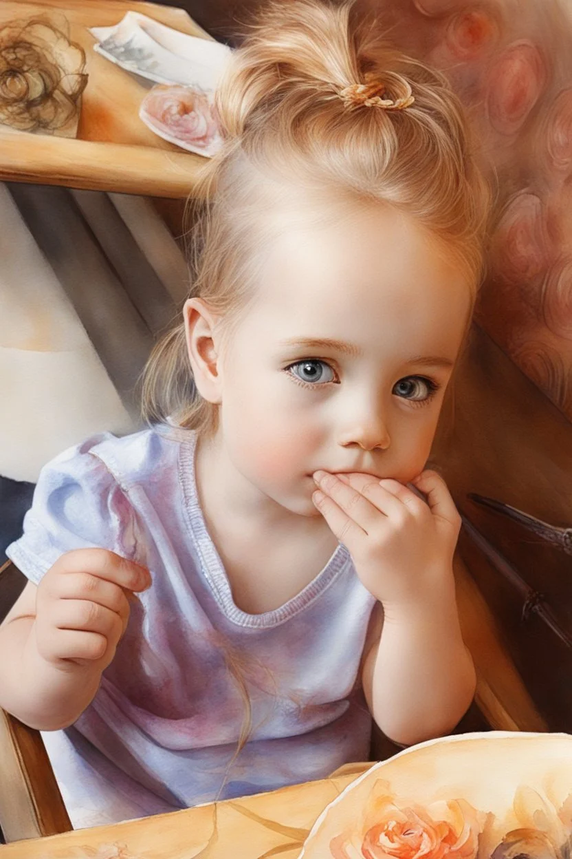 watercolor painting of a beautiful portrait of a 5 year old girl realistic skin texture, flower in her hair, looking into the camera, Anna Razumovskaya style, atmospheric light, realistic colors