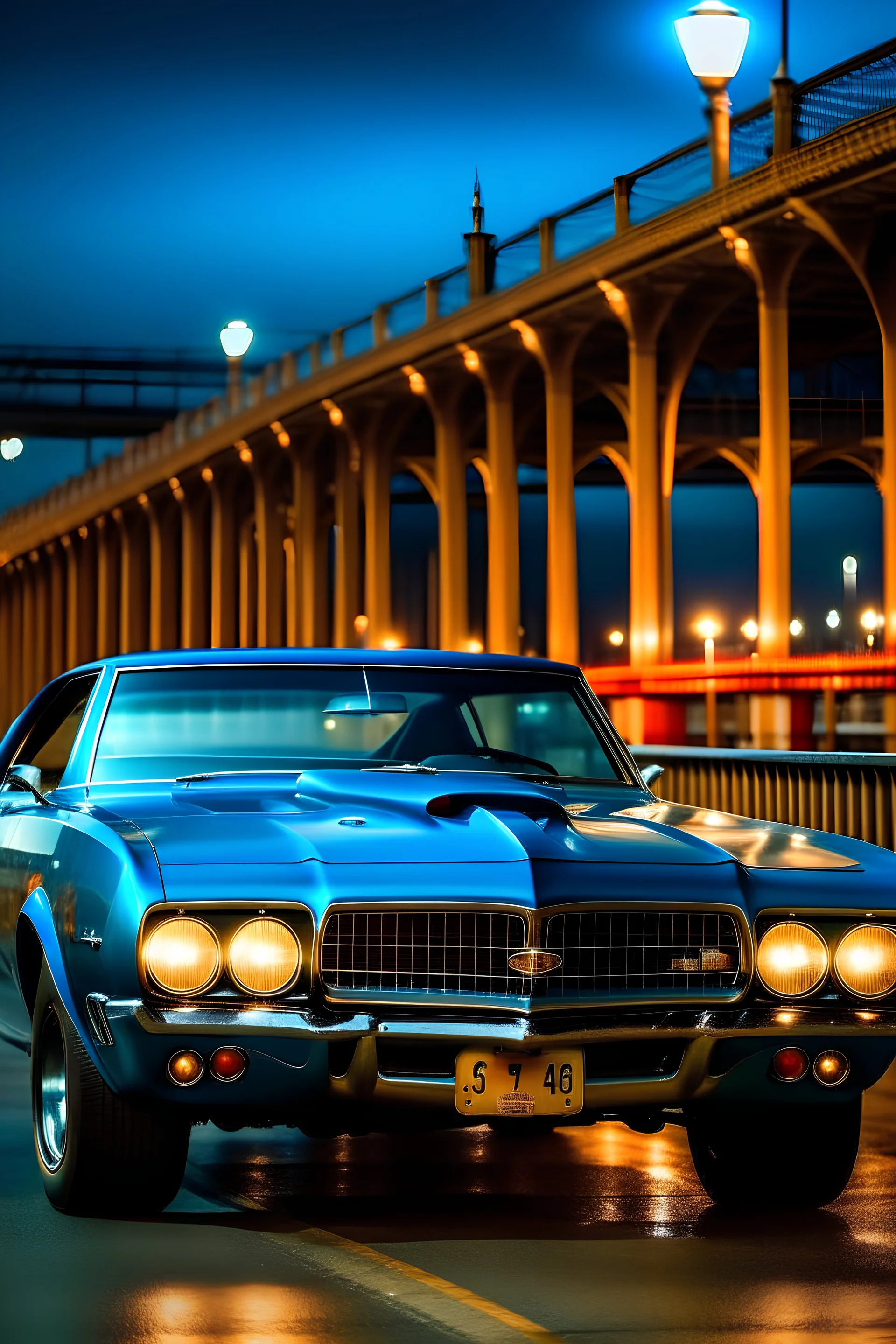 A Pontiac GTO Cab on a bridge with New Year's rockets in the background