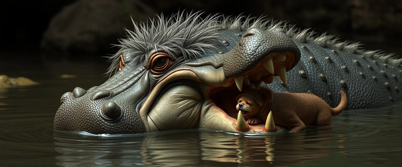 crocodile hippo with fluffy hair, doing dog things and eating small dog in the style of fallout 4 and giger and escher