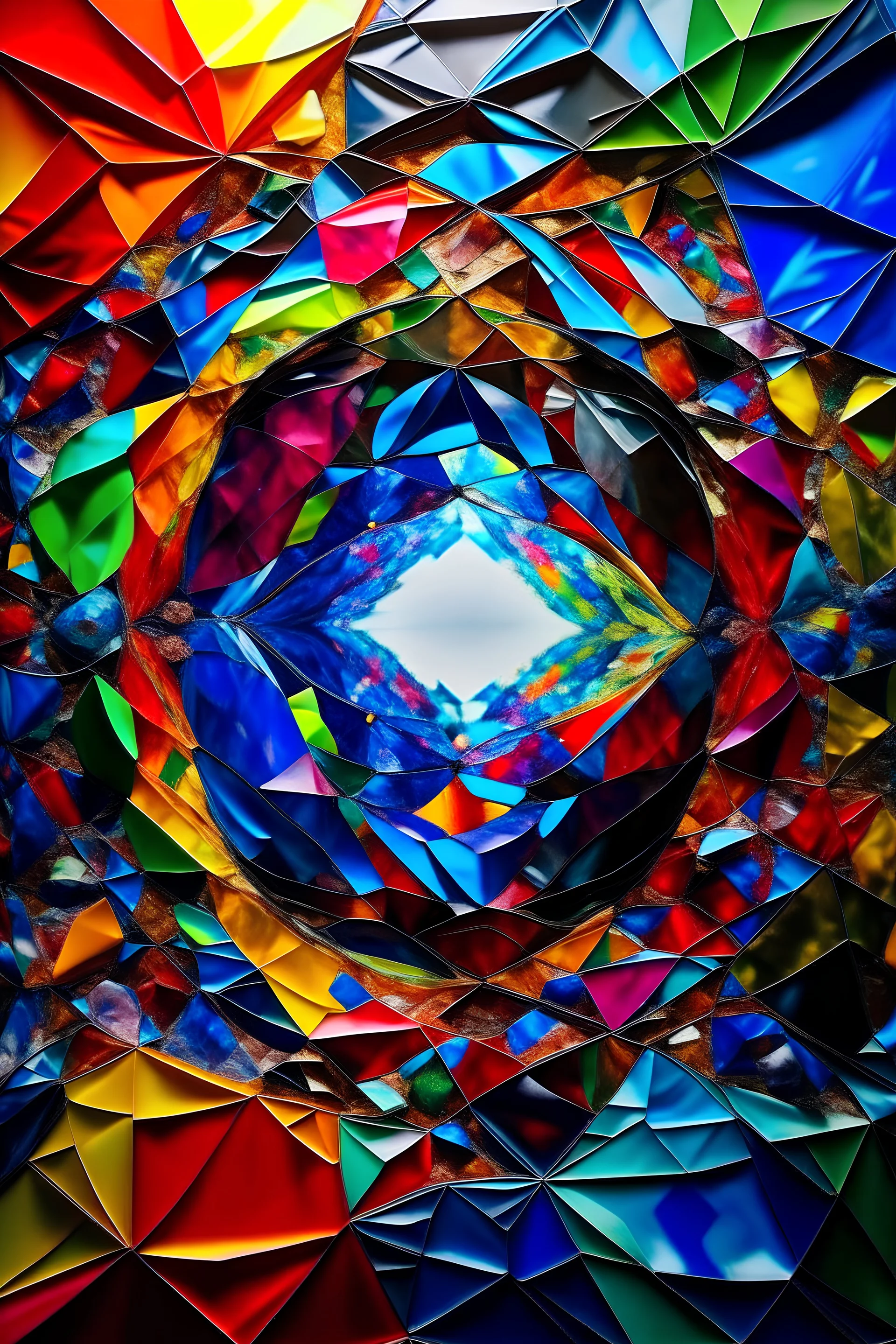 A kaleidoscope of vibrant colors reflected in a shattered mirror, each fragment revealing a glimpse of a different fantastical world.