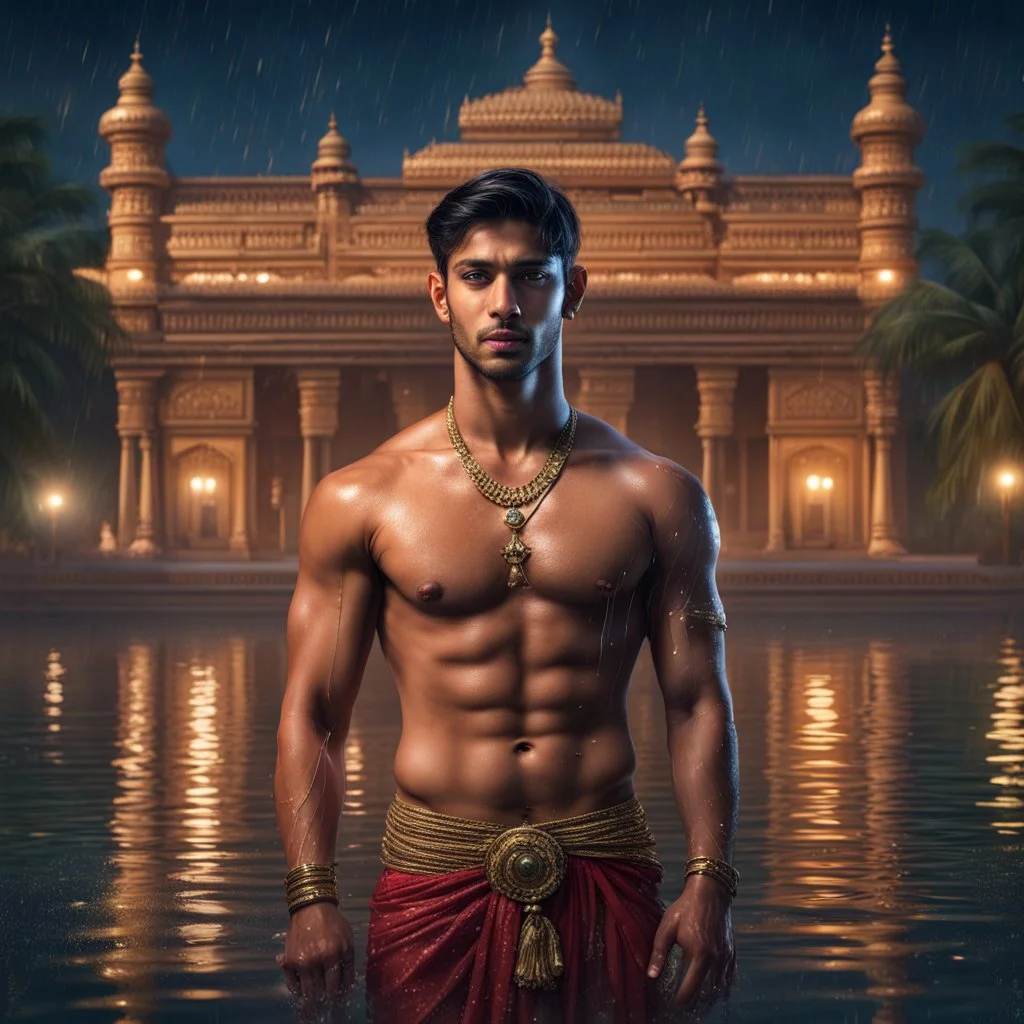 Hyper Realistic handsome Young shirtless muscular short hair Indian king with wet chest standing in a lake outside traditionally beautiful Indian palace at night