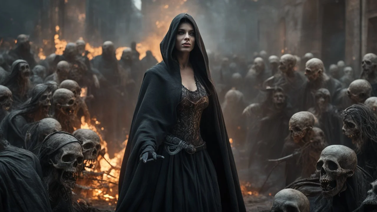 a magical female sorcerer in black cloth leading an army of rotting zombies through a burning medieval city. apocalypse. magic. fantasy setting. blood. intense horror. blind terror. scared to death. a masterpiece, fantasy concept art, dynamic lighting, hyperdetailed, intricately detailed, deep color, Unreal Engine, volumetric lighting, Epic cinematic brilliant stunning intricate meticulously detailed dramatic atmospheric maximalist digital matte painting