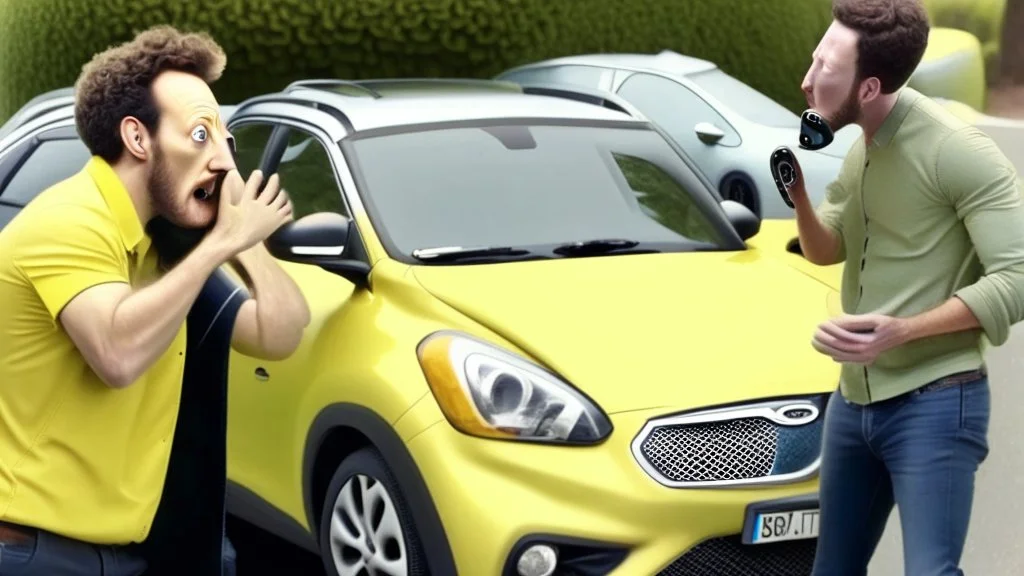 guy arguing on phone next to his lemon shaped kia sportage