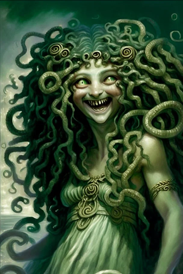 mithic medusa, nice body, big eyes, smiling, little dress