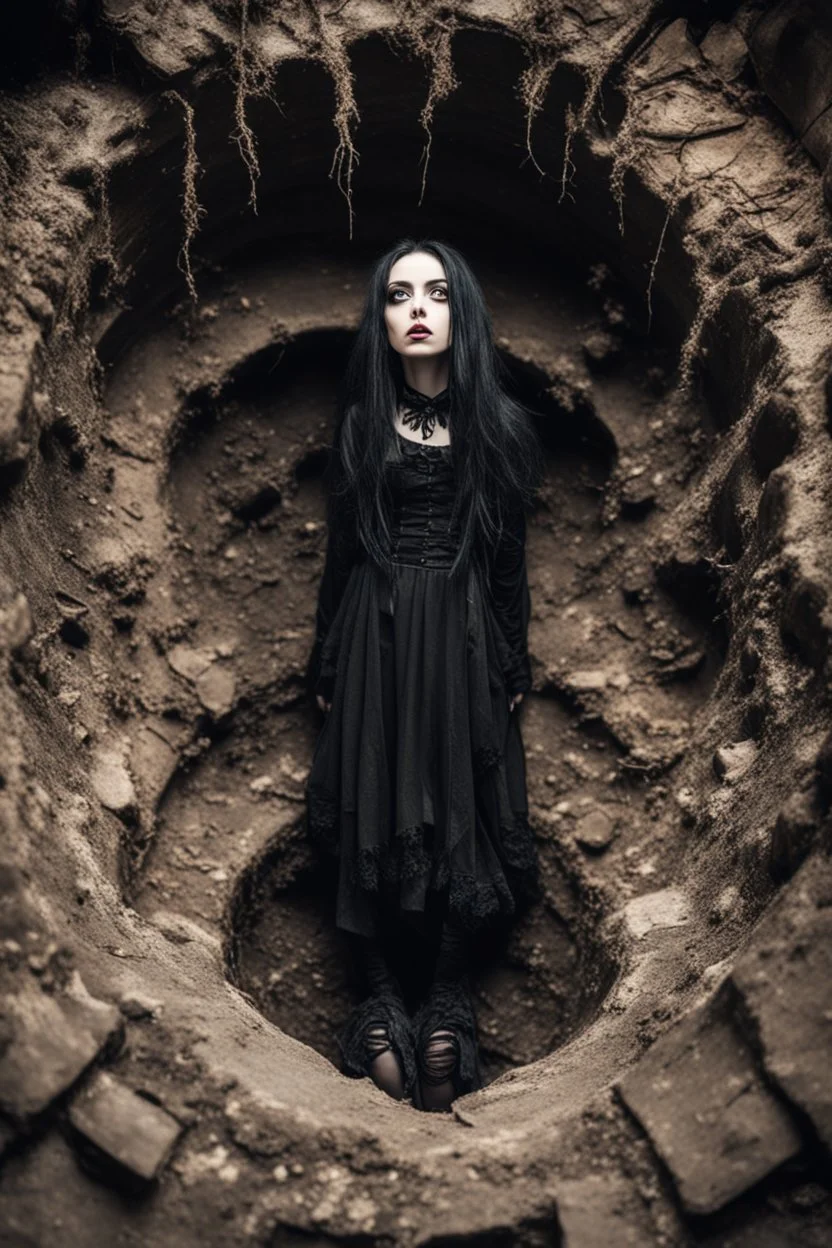 Closeup Girl goth with big eyes, fullbody, ragged clothes, extended like roots, the perspective looking up from the bottom of an empty well ,8k,macro photography,