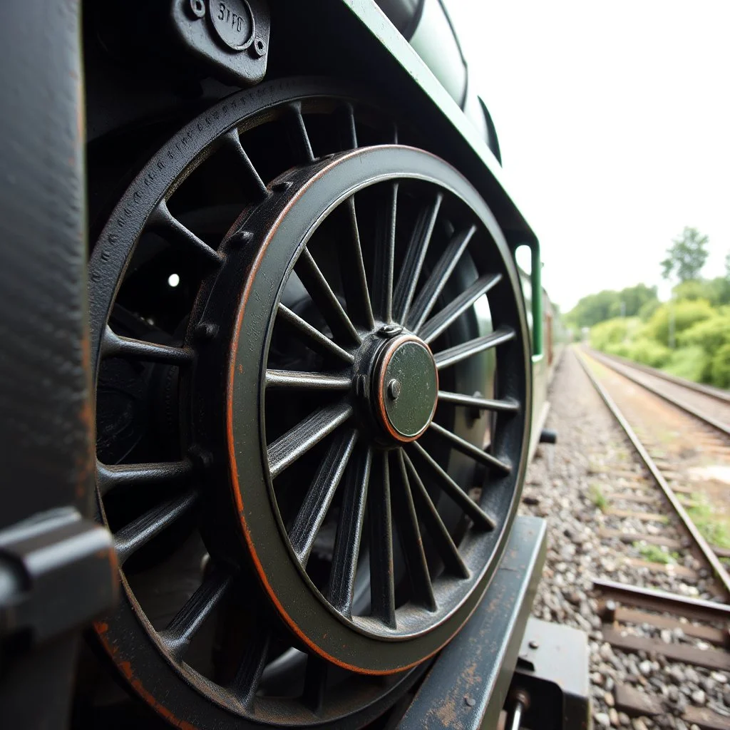 straight on view of spoked steel wheel from a steam train. just the wheel