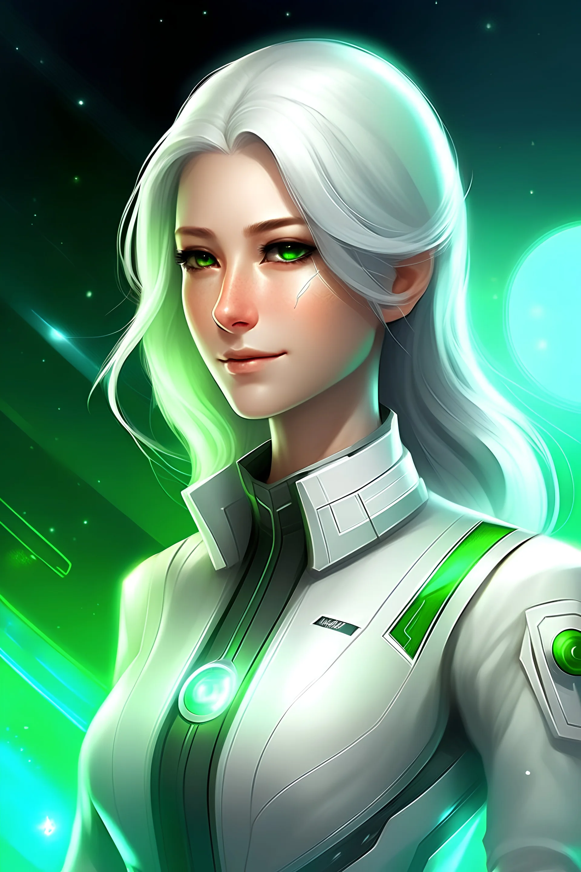 beautifull woman starship commander, white jumpsuit bright galaxy, white hairs, leader galactic, guardian of galaxy, master angel light coordinator, chef leader, white clear spaceship, light warior chief, very clear green eyes, angel