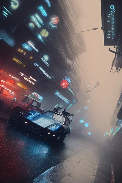 Blade Runner, raining, nostalgic, cold, dark blue, gloomy, heavy fog, 8k photorealistic, cinematic lighting, high details, dramatic, atmosphereric