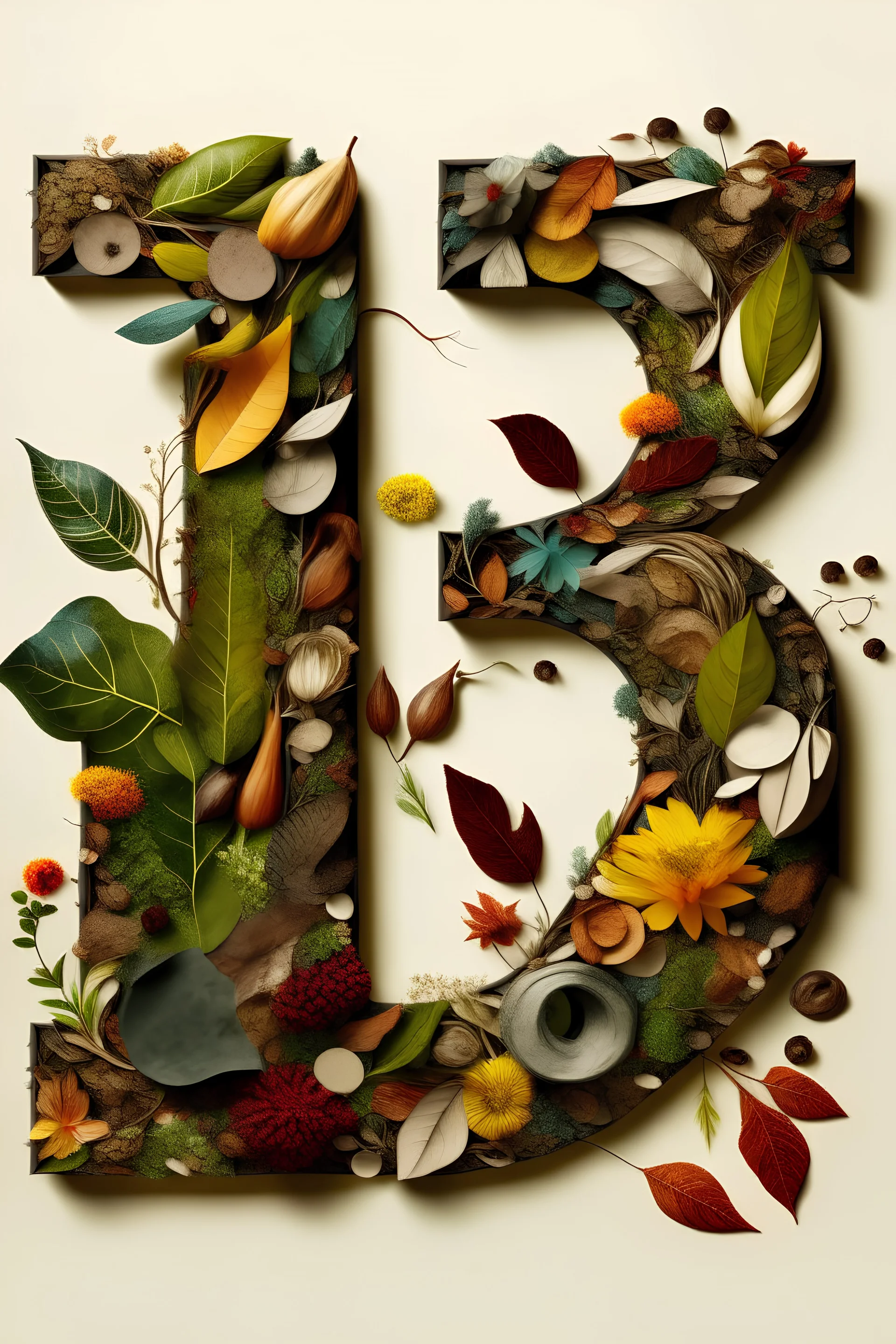 A collage-style image showcasing different natural elements like leaves, flowers, rocks, and branches creatively arranged to form each letter of the alphabet.