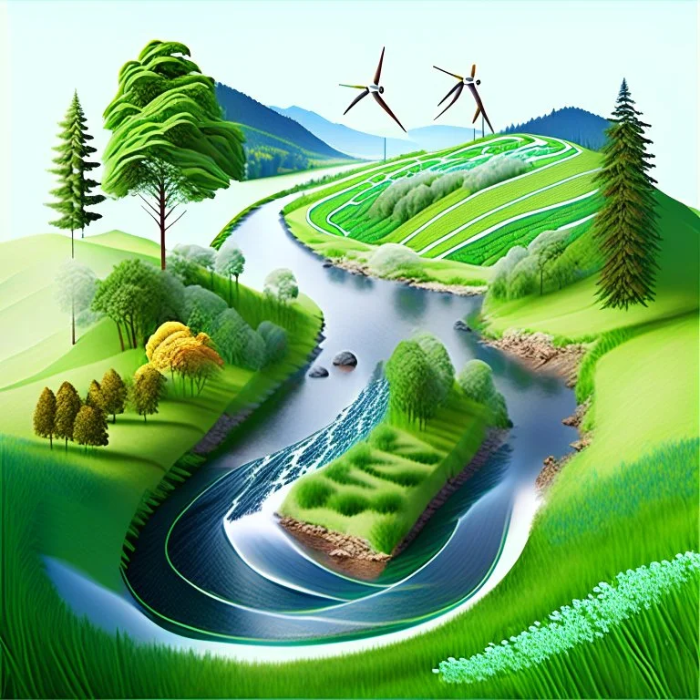 Generate an image of a tranquil nature scene, with a meandering river flowing through lush forests and rolling hills. Showcase elements of renewable energy, such as wind turbines or solar panels, discreetly integrated into the landscape, symbolizing the harmony between creativity and sustainability in a natural environment.