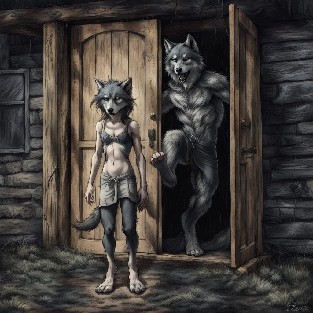 fantasy digital art of a young anthro wolf have gray hairy wolf body gray paws, and wears just a short canvas rag around her waist , she have sadly face in the rain kicked out of the house, falls towards the camera, behind her an tall angry anthro wolf man just in dark gray body hairy kicks she out the door with his foot, behind in rustic halb open door in an massive wooden house, rainy day, detailed, fantasy mood