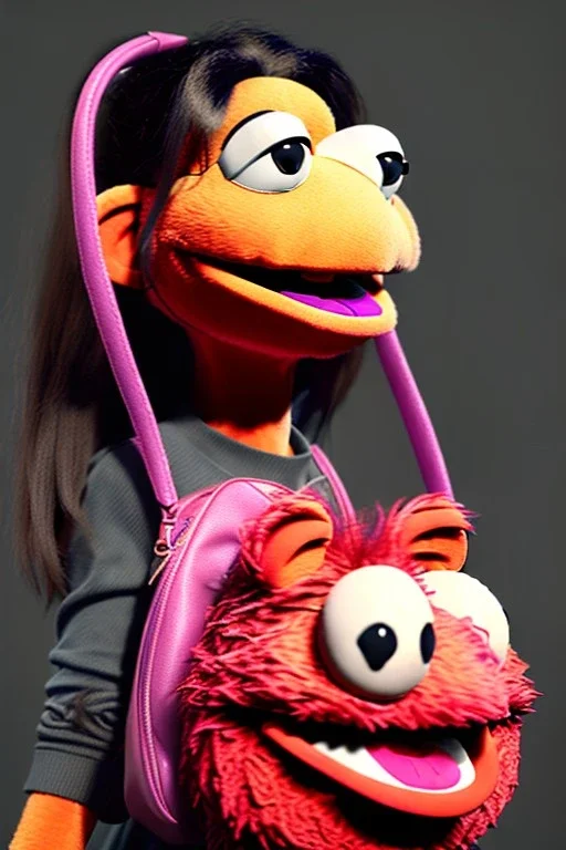 Woman bag made with muppet, Sesame Street style, fashion photo studio, unreal engine 5, god lights, ray tracing, RTX, lumen lighting, ultra detail, volumetric lighting, 3d.