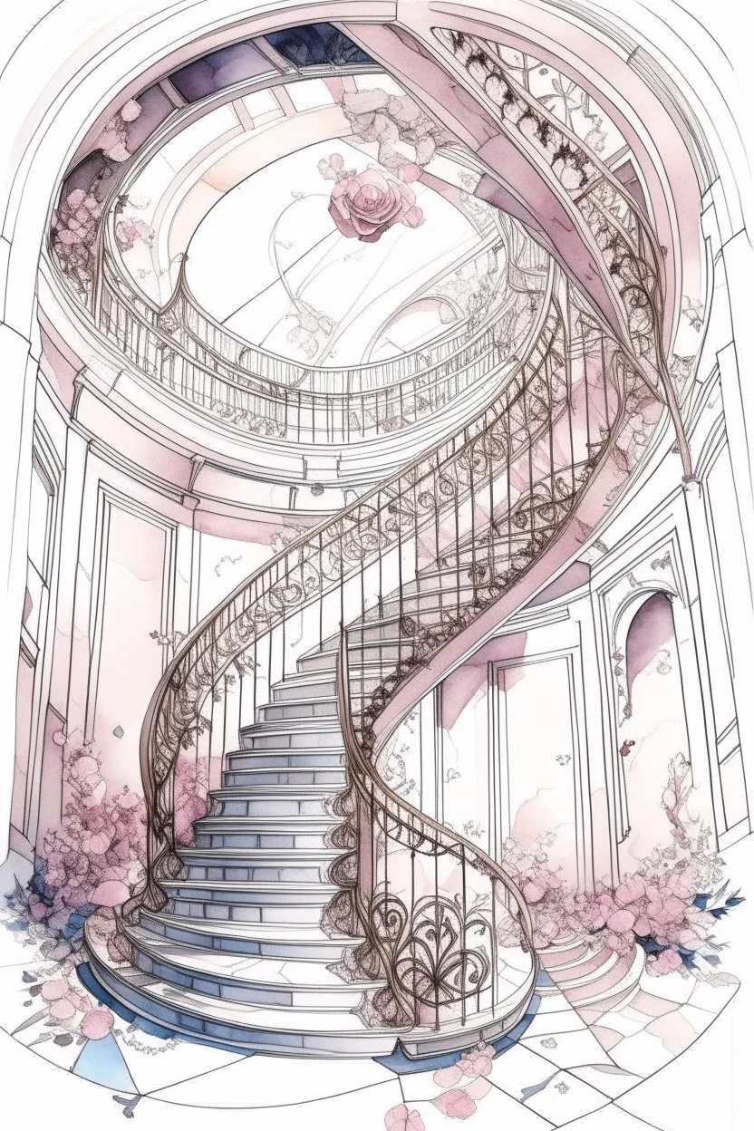 Watercolor sketch on a white background. Ink. Spiral staircase in the hall leading to the sky, pink and white hydrangeas, portraits, rococo interior, chandeliers, filigree, work of art, rich structures, elegance of lines, sparks, drapery, patterns, lavender accents, juicy, bright, sunny, hyperrealistic, top view, retro, monograms, diamond dust, ultradetalization, dots, RAW, ISO 100