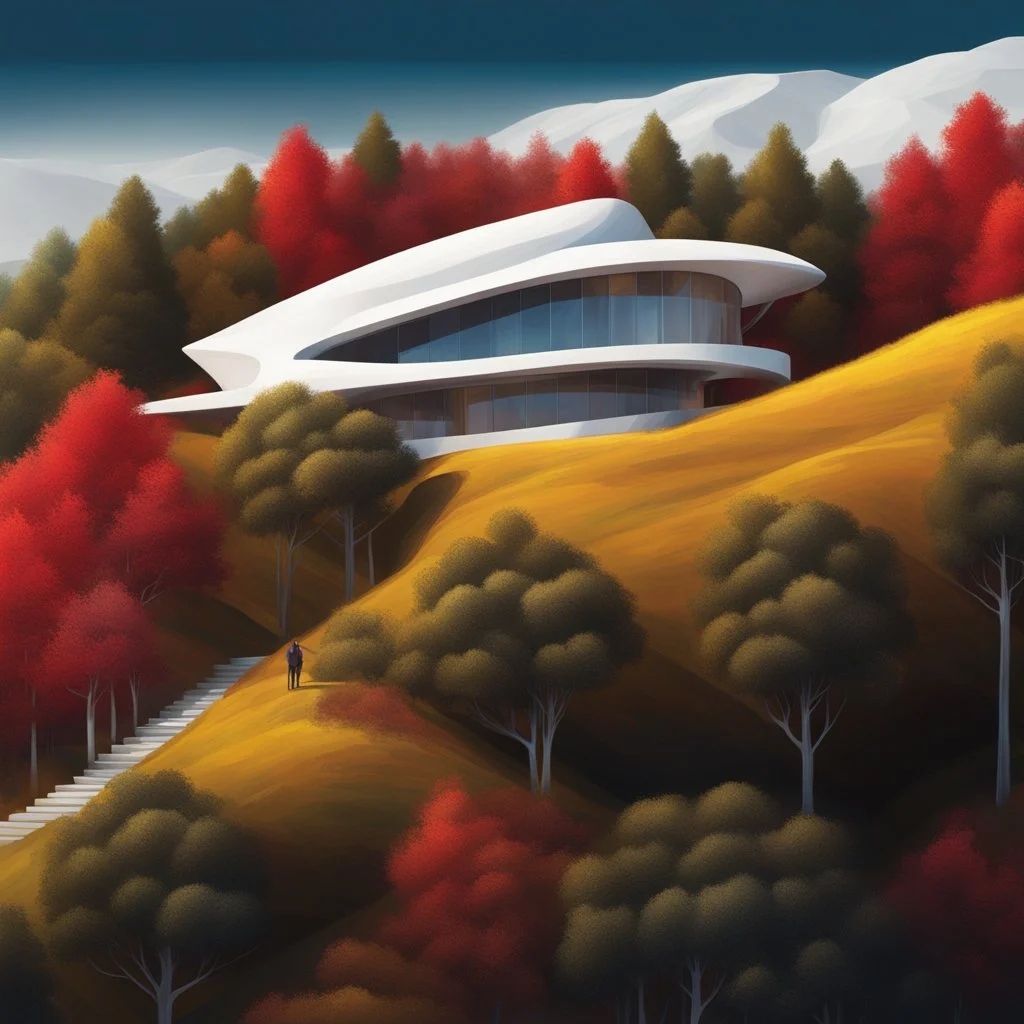 Aerial view Zaha Hadid style hill hut, trees, digital art, hyper-detailed, white, red and yellow colors, 8k oil painting